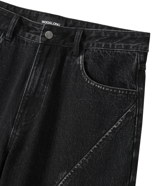 Grain Curved Seam Washed Denim Pants - BLACK