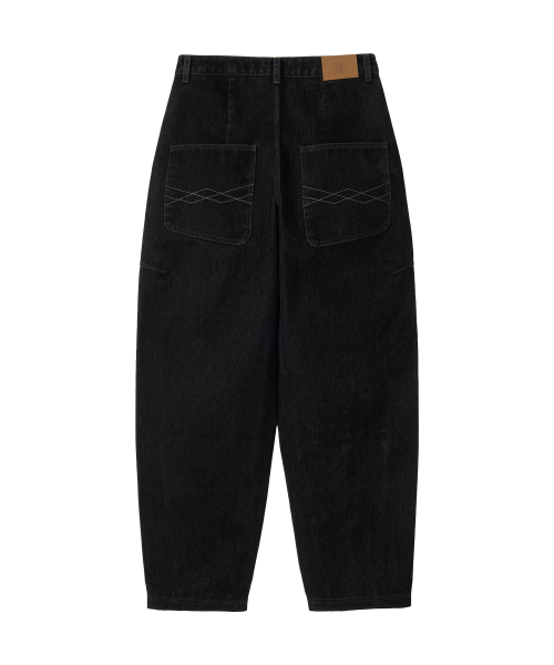 Velvet Stitch Curve Balloon Wide Denim Pants - BLACK