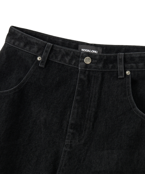 Velvet Stitch Curve Balloon Wide Denim Pants - BLACK