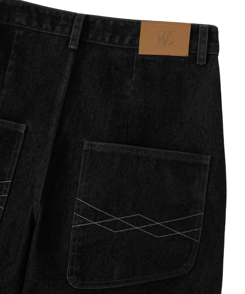 Velvet Stitch Curve Balloon Wide Denim Pants - BLACK