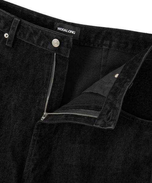 Velvet Stitch Curve Balloon Wide Denim Pants - BLACK