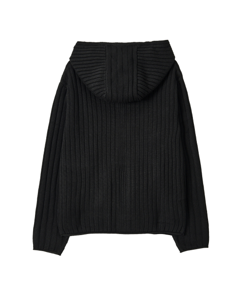 Rib Knit Hoodie Zip-Up - BLACK