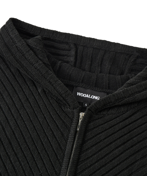 Rib Knit Hoodie Zip-Up - BLACK