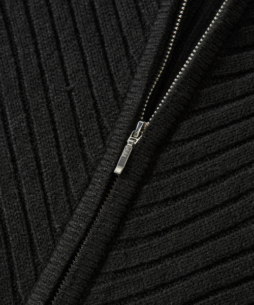Rib Knit Hoodie Zip-Up - BLACK