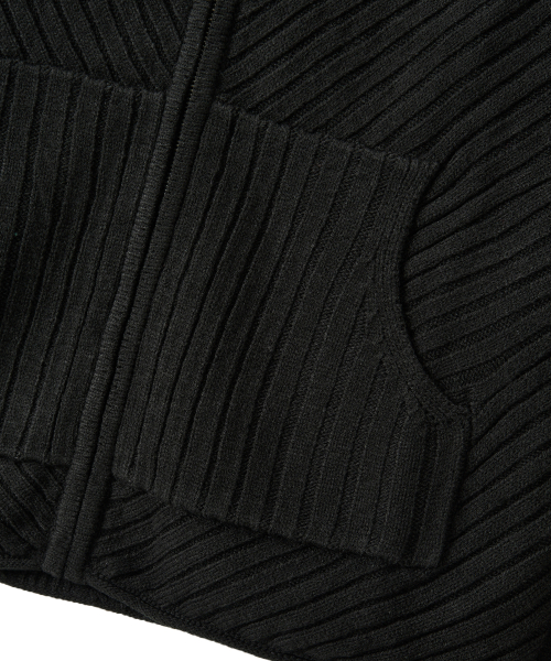 Rib Knit Hoodie Zip-Up - BLACK