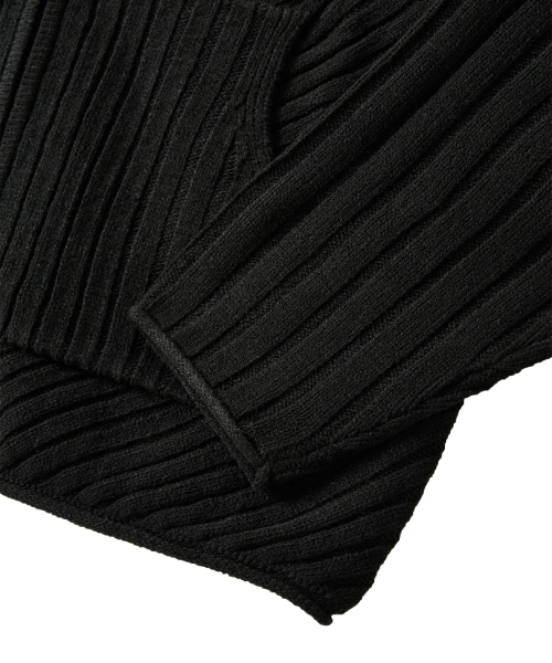 Rib Knit Hoodie Zip-Up - BLACK