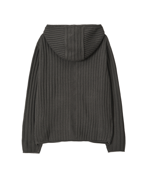 Rib Knit Hoodie Zip-Up - CHARCOAL