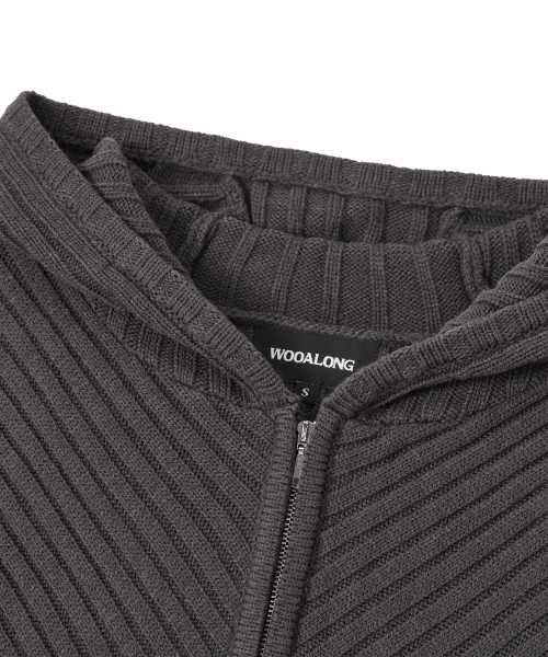 Rib Knit Hoodie Zip-Up - CHARCOAL