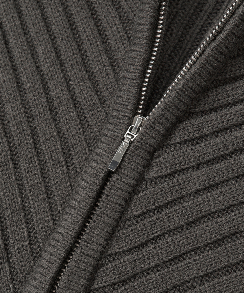 Rib Knit Hoodie Zip-Up - CHARCOAL