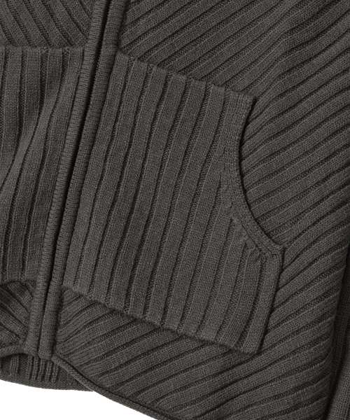 Rib Knit Hoodie Zip-Up - CHARCOAL