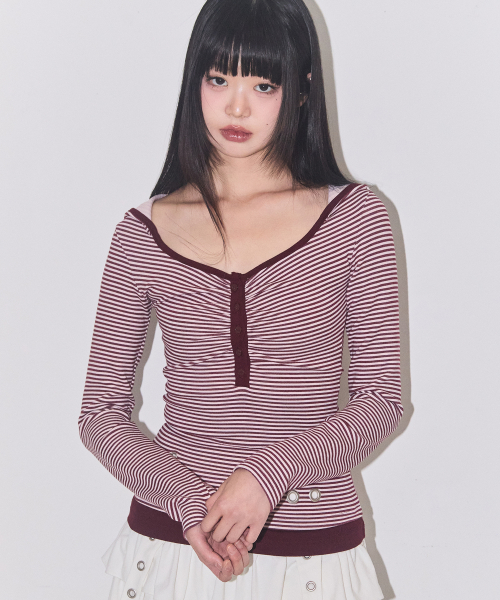 레이어 스트라이프 후드 버건디