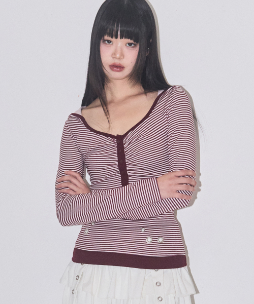 레이어 스트라이프 후드 버건디