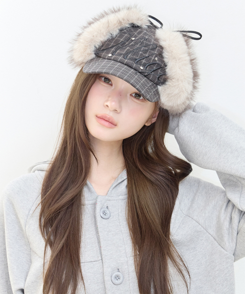 플러피 이어플랩 캡 체크 그린
