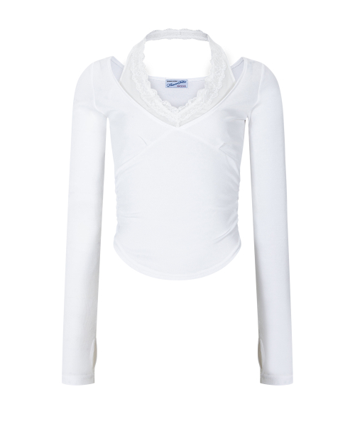 Amelia Lace Halter Long Sleeve Top (Ivory)