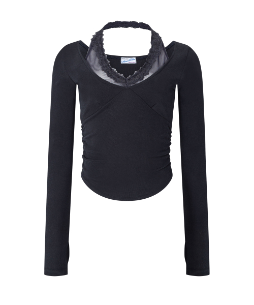 Amelia Lace Halter Long Sleeve Top (Cool Charcoal)