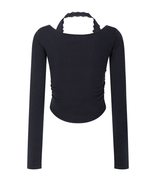 Amelia Lace Halter Long Sleeve Top (Cool Charcoal)