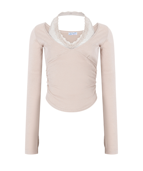 Amelia Lace Halter Long Sleeve Top (Skin Beige)
