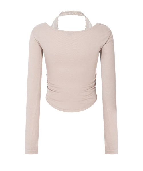 Amelia Lace Halter Long Sleeve Top (Skin Beige)