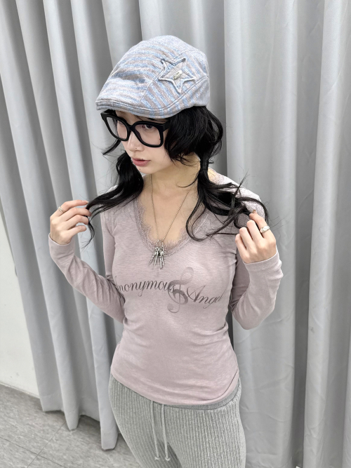 Lace Trimmed T-shirt (Liilac)