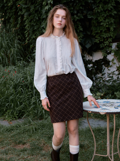 ROSA check lace mini skirt_BROWN