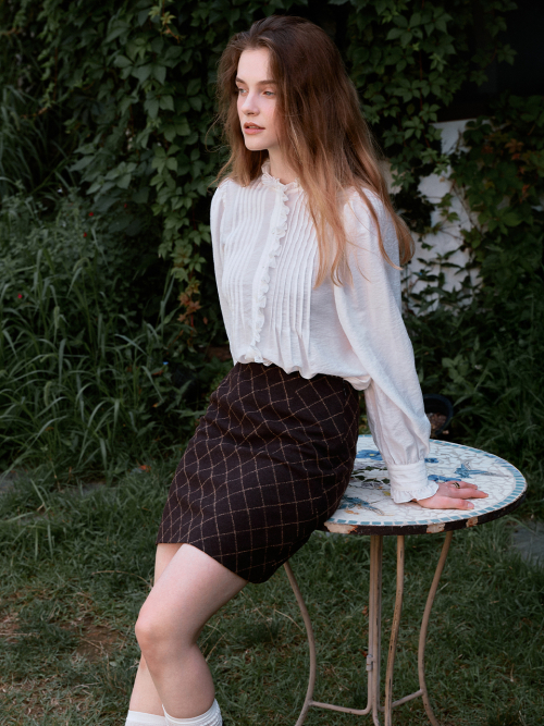 ROSA check lace mini skirt_BROWN