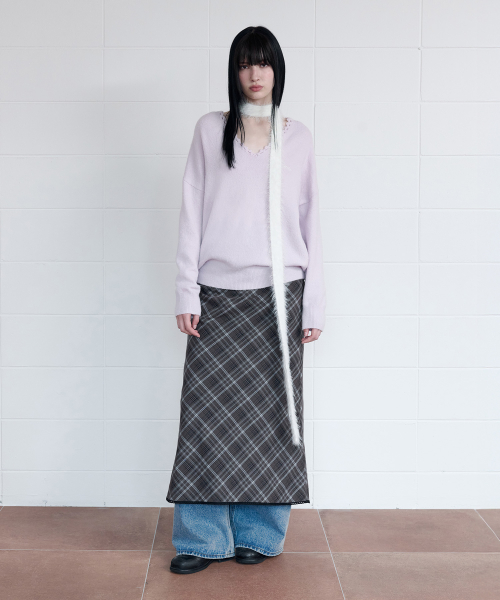 CHECK SLIM LONG SKIRT BROWN