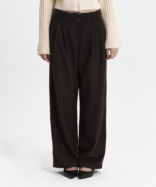 C DOUBLE LOOP WIDE WOOL SLACKS_BROWN