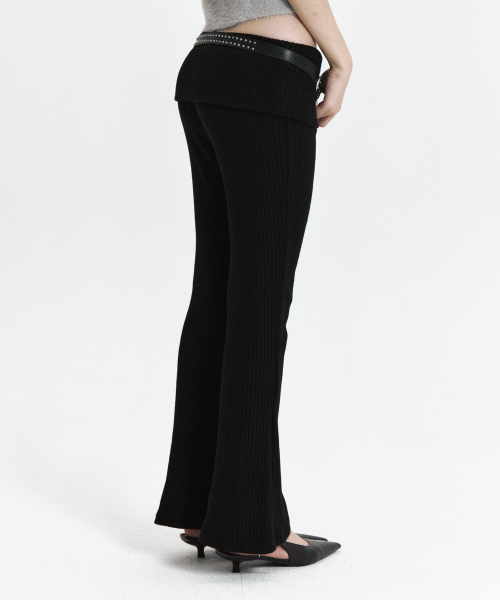 C FOLD BANDING RIBBED FLARE PANTS_BLACK