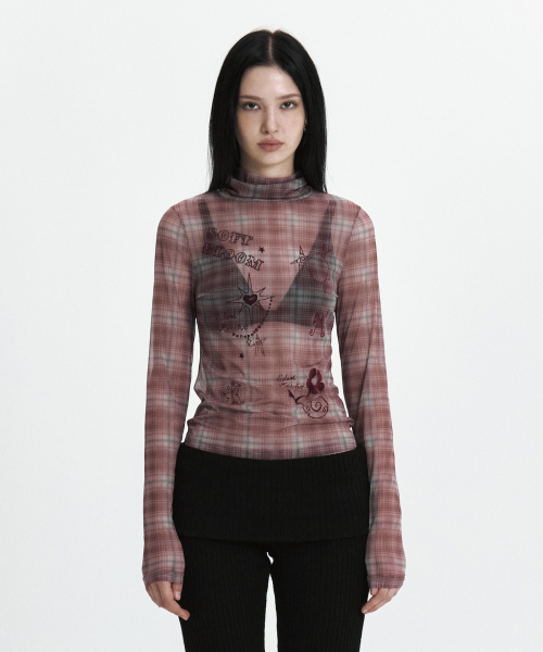 C SEE-THROUGH CHECK T-SHIRT_RED