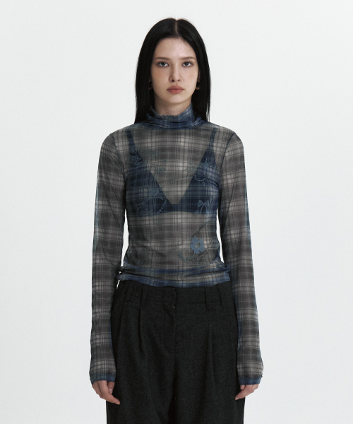 C SEE-THROUGH CHECK T-SHIRT_BLACK