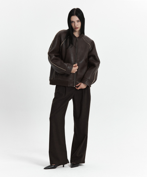 C LINE TRIM FAUX SHEARLING JACKET_BROWN