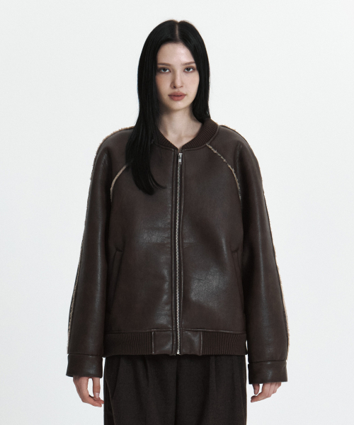 C LINE TRIM FAUX SHEARLING JACKET_BROWN