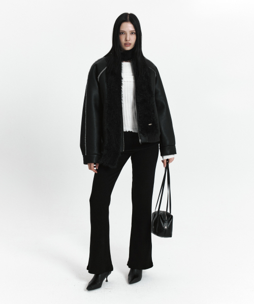C LINE TRIM FAUX SHEARLING JACKET_BLACK