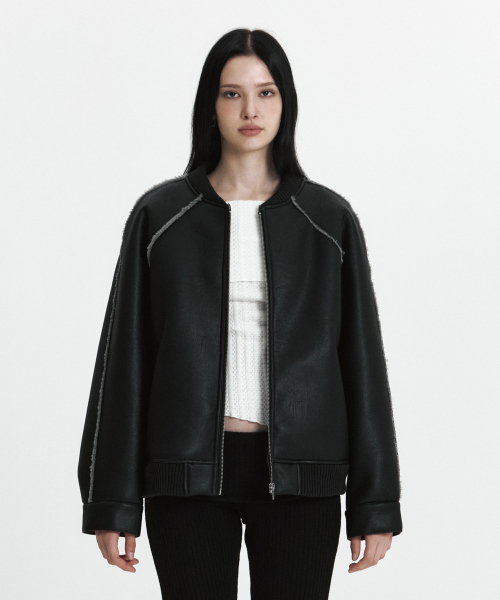 C LINE TRIM FAUX SHEARLING JACKET_BLACK