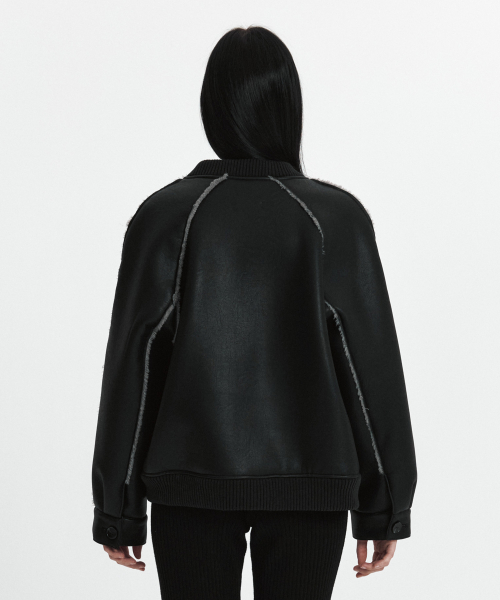 C LINE TRIM FAUX SHEARLING JACKET_BLACK