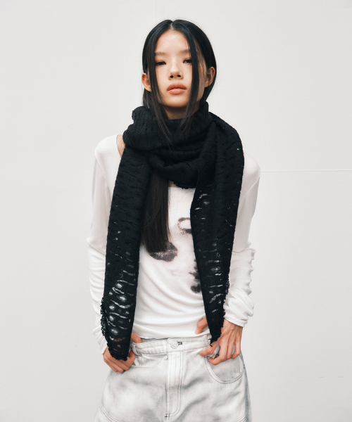 Lace Fleece Shawl Muffler_ Black