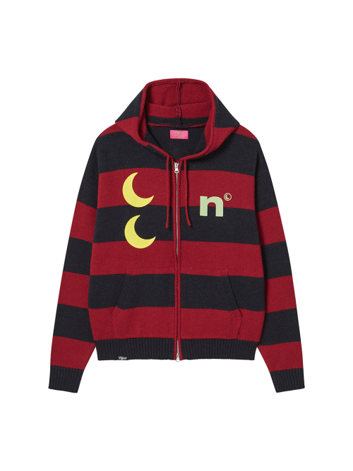 STRIPE KNIT ZIP-UP HOODIE RED