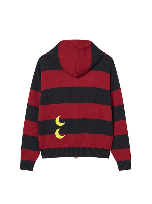 STRIPE KNIT ZIP-UP HOODIE RED