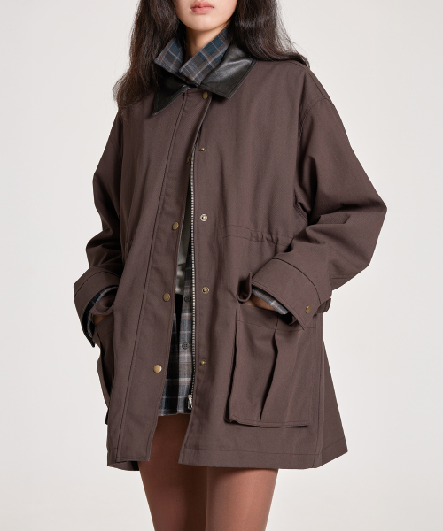 LEATHER COLLAR OXFORD WORK JACKET, BROWN