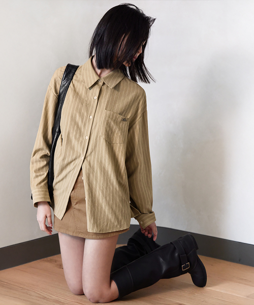 SUEDE STRIPE PENDANT SHIRT, BEIGE