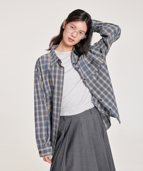 SIGNATURE EMBROIDERY LOOSE-FIT CHECK SHIRT, BLUE GREY