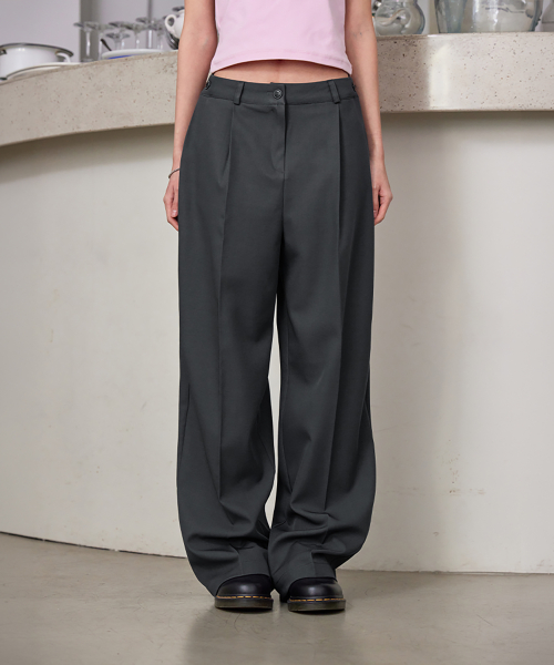 ONE-TUCK SIDE BUTTON WIDE SLACKS, CHARCOAL