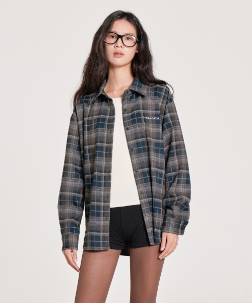 LETTERING EMBROIDERED VINTAGE LOOSE-FIT CHECK SHIRT, GREEN