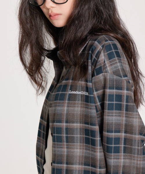 LETTERING EMBROIDERED VINTAGE LOOSE-FIT CHECK SHIRT, GREEN