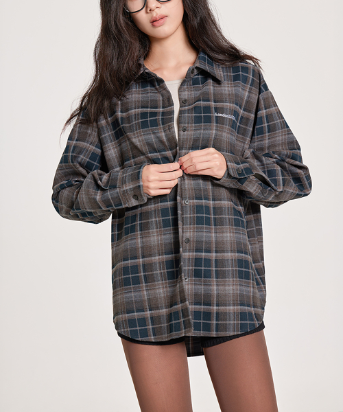 LETTERING EMBROIDERED VINTAGE LOOSE-FIT CHECK SHIRT, GREEN