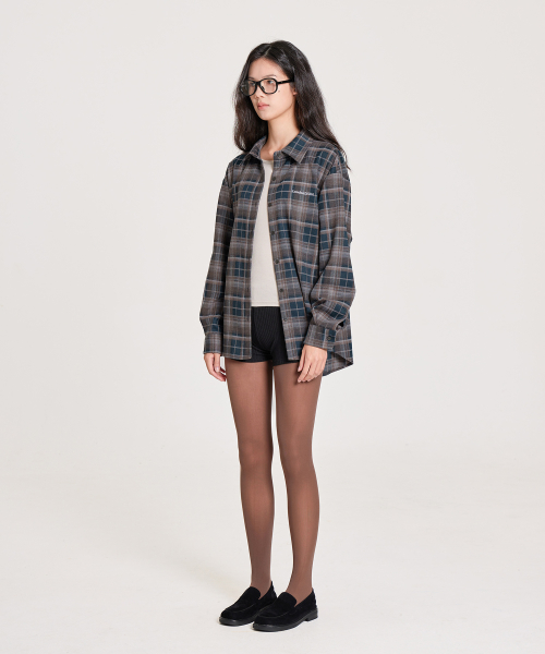 LETTERING EMBROIDERED VINTAGE LOOSE-FIT CHECK SHIRT, GREEN