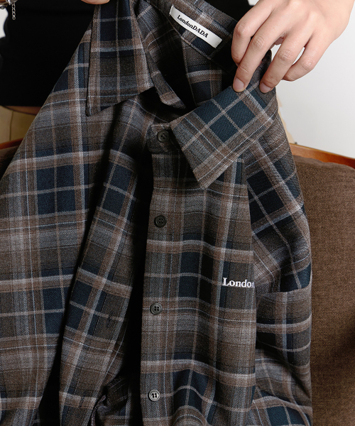 LETTERING EMBROIDERED VINTAGE LOOSE-FIT CHECK SHIRT, GREEN