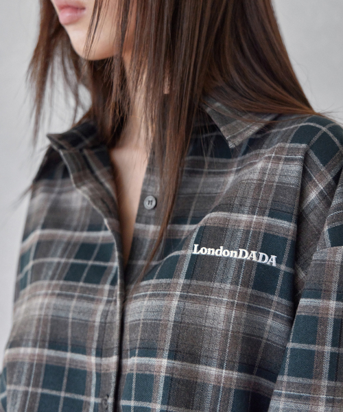 LETTERING EMBROIDERED VINTAGE LOOSE-FIT CHECK SHIRT, GREEN