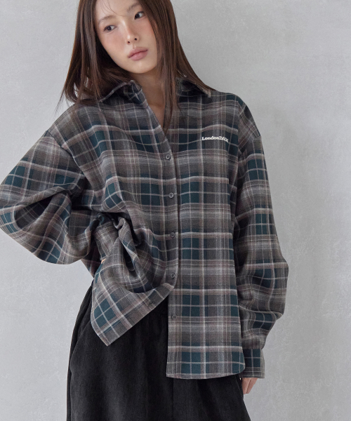 LETTERING EMBROIDERED VINTAGE LOOSE-FIT CHECK SHIRT, GREEN