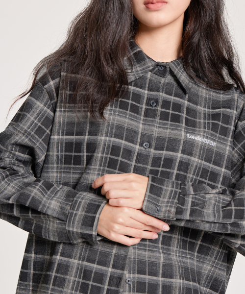 LETTERING EMBROIDERED VINTAGE LOOSE-FIT CHECK SHIRT, BLACK